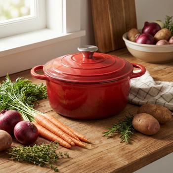 Casserole en fonte avec couvercle, 22 cm, 2,2 L, rouge – compatible tous feux, dont induction – passe au four – matériel professionnel