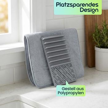 Preview: Praktisches Abtropfgestell & Saugstarke Mikrofaser-Abtropfmatte, hellgrau – Platzsparendes Abtropftuch Set für schnelles Trocknen von Geschirr