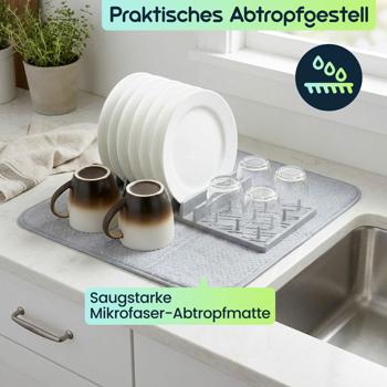Preview: Praktisches Abtropfgestell & Saugstarke Mikrofaser-Abtropfmatte, hellgrau – Platzsparendes Abtropftuch Set für schnelles Trocknen von Geschirr