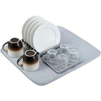 Praktisches Abtropfgestell & Saugstarke Mikrofaser-Abtropfmatte, hellgrau – Platzsparendes Abtropftuch Set für schnelles Trocknen von Geschirr