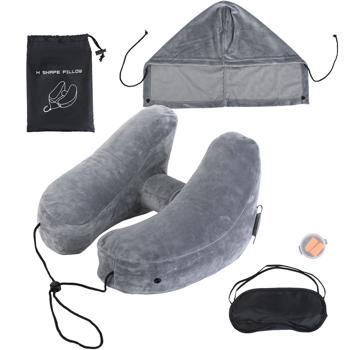 Preview: Set de 2 coussins de voyage confortables gonflables en forme de H avec capuche, set coussin de nuque incl. masque de sommeil et bouchons d’oreilles, idéal pour avion et voiture, gris, 35x32 cm