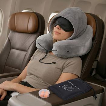 Coussin de voyage confortable gonflable en forme de H avec capuche, set coussin cervical incl. masque de sommeil & bouchons d’oreilles, idéal pour avion & voiture, gris, 35x32 cm
