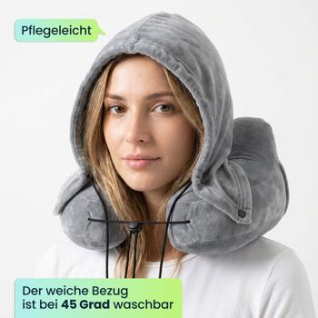 Preview: Bequemes H-Form Reisekissen aufblasbar mit Kapuze, Nackenhörnchen-Set inkl. Augenmaske & Ohrstöpsel, ideal für Flugzeug & Auto, Grau, 35x32cm
