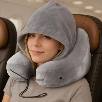 Preview: Coussin de voyage confortable gonflable en forme de H avec capuche, set coussin cervical incl. masque de sommeil & bouchons d’oreilles, idéal pour avion & voiture, gris, 35x32 cm