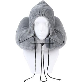 Preview: Coussin de voyage confortable gonflable en forme de H avec capuche, set coussin cervical incl. masque de sommeil & bouchons d’oreilles, idéal pour avion & voiture, gris, 35x32 cm