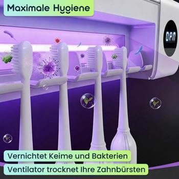 Preview: UV Zahnbürstenhalter: Hygienischer Sterilisator für 4 Bürsten, Wandmontage ohne Bohren, USB-Akku, LCD & Trocknung, weiss, 22cm