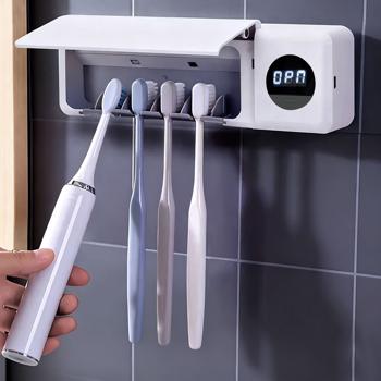 Preview: Porte-brosses à dents à UV – stérilisateur hygiénique pour 4 brosses à dents – sans perçage, chargement USB, écran LCD, blanc, 22 cm