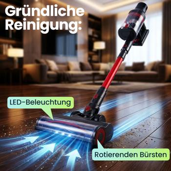 Preview: Zyklon Akku Boden-Staubsauger 27 kPa, 430W kabelloser Handstaubsauger mit HEPA Filter, LED Beleuchtung, Teleskoprohr und 4 Saugstufen, 0,7L Staubbehälter