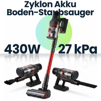 Preview: Zyklon Akku Boden-Staubsauger 27 kPa, 430W kabelloser Handstaubsauger mit HEPA Filter, LED Beleuchtung, Teleskoprohr und 4 Saugstufen, 0,7L Staubbehälter
