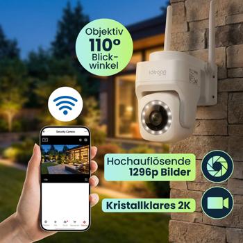 Preview: Outdoor Überwachungskamera 2K WLAN IP65 Wetterfest: 355 Grad Aussen-Kamera mit Personenerkennung, App, Nachtsicht & Intercom-System