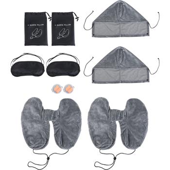Preview: Set de 2 coussins de voyage confortables gonflables en forme de H avec capuche, set coussin de nuque incl. masque de sommeil et bouchons d’oreilles, idéal pour avion et voiture, gris, 35x32 cm