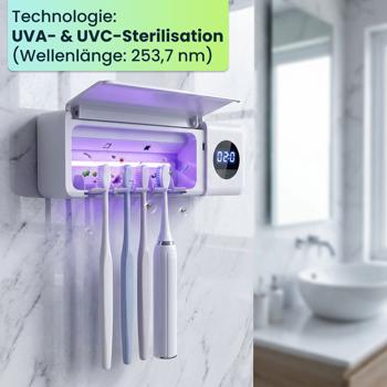 Preview: 2er-Set UV Zahnbürstenhalter: Hygienischer Sterilisator für 4 Bürsten, Wandmontage ohne Bohren, USB-Akku, LCD & Trocknung, weiss, 22cm