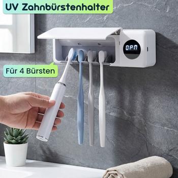 Preview: 2er-Set UV Zahnbürstenhalter: Hygienischer Sterilisator für 4 Bürsten, Wandmontage ohne Bohren, USB-Akku, LCD & Trocknung, weiss, 22cm