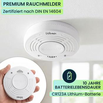 Preview: Premium Rauchmelder mit 10 Jahren Batterielebensdauer - Zertifiziert nach DIN EN 14604 mit extra lautem 85dB Alarmsignal und Lithium Batterie