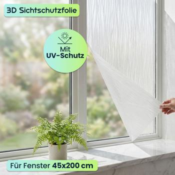 Preview: 3D Sichtschutzfolie Wellendesign für Fenster 45x200 cm - Statisch haftende Blickschutzfolie mit UV-Schutz  - Wiederverwendbare Dekofolie