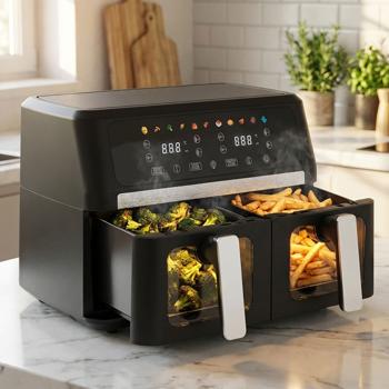 Friggitrice ad aria calda 9L a doppio cestello Dual Zone – 2 x 4,5L con oblò 2400W – display touch LED – friggitrice ad aria XXL a doppia camera