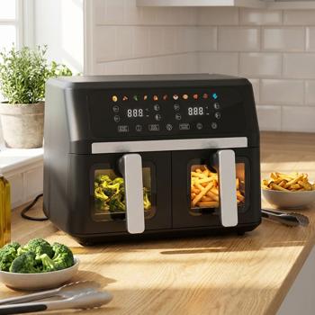 Preview: Friggitrice ad aria calda 9L a doppio cestello Dual Zone – 2 x 4,5L con oblò 2400W – display touch LED – friggitrice ad aria XXL a doppia camera