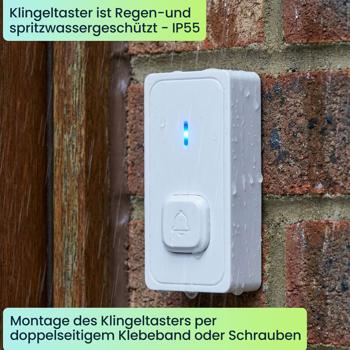 Preview: Funk Türklingel mit LED Signal & 150m Reichweite - Kabellose Klingel mit 58 Tönen, 4 Lautstärken & Stummschaltung, Top Empfang