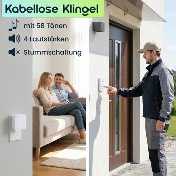 Preview: Funk Türklingel mit LED Signal & 150m Reichweite - Kabellose Klingel mit 58 Tönen, 4 Lautstärken & Stummschaltung, Top Empfang