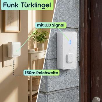 Preview: Funk Türklingel mit LED Signal & 150m Reichweite - Kabellose Klingel mit 58 Tönen, 4 Lautstärken & Stummschaltung, Top Empfang