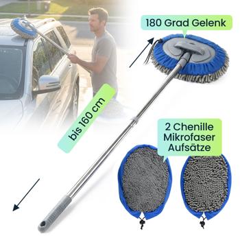 Preview: Multifunktions-KFZ Wischmopp mit 160cm Teleskopstange, 180 Grad Gelenk & 2 Chenille Mikrofaser Aufsätzen für PKW, LKW, Wohnmobil & Wohnwagen