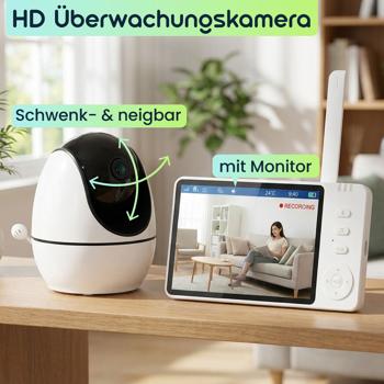 Preview: HD Überwachungskamera mit Monitor, schwenk- & neigbar: SOS Funk-Notrufsender, Gegensprechfunktion, Nachtsicht - ideal für Senioren