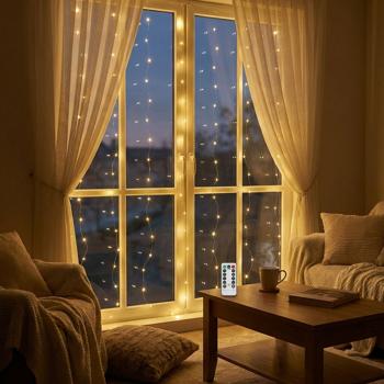 Preview: Elegante tenda luminosa LED 3 x 3 m, 300 LED bianco caldo: telecomando, 8 modalità, dimmerabile, timer e collegamento USB, ideale per feste, matrimoni e decorazione della casa