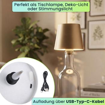 Preview: Akku Flaschenlampe mit Power-Akku: Dimmbar - 3600 mAh - 3 Lichtfarben, Gold -Stimmungsvolle Beleuchtung - Dekoratives Flaschenlicht mit Metallschirm