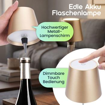 Preview: Akku Flaschenlampe mit Power-Akku: Dimmbar - 3600 mAh - 3 Lichtfarben, Gold -Stimmungsvolle Beleuchtung - Dekoratives Flaschenlicht mit Metallschirm