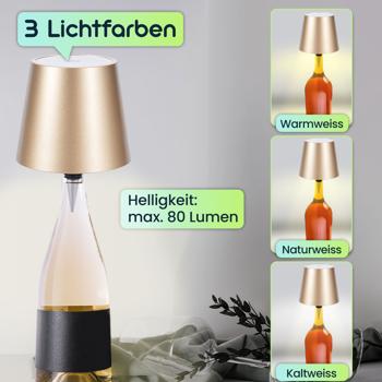Preview: Akku Flaschenlampe mit Power-Akku: Dimmbar - 3600 mAh - 3 Lichtfarben, Gold -Stimmungsvolle Beleuchtung - Dekoratives Flaschenlicht mit Metallschirm