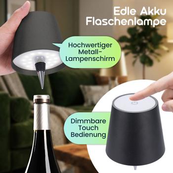 Preview: Akku Flaschenlampe mit Power-Akku: Dimmbar - 3600 mAh - 3 Lichtfarben, Schwarz -Stimmungsvolle Beleuchtung - Dekoratives Flaschenlicht mit Metallschirm