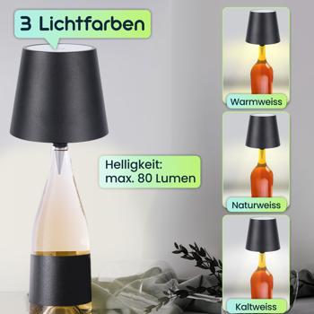 Preview: Akku Flaschenlampe mit Power-Akku: Dimmbar - 3600 mAh - 3 Lichtfarben, Schwarz -Stimmungsvolle Beleuchtung - Dekoratives Flaschenlicht mit Metallschirm