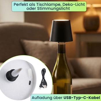 Preview: Akku Flaschenlampe mit Power-Akku: Dimmbar - 3600 mAh - 3 Lichtfarben, Schwarz -Stimmungsvolle Beleuchtung - Dekoratives Flaschenlicht mit Metallschirm