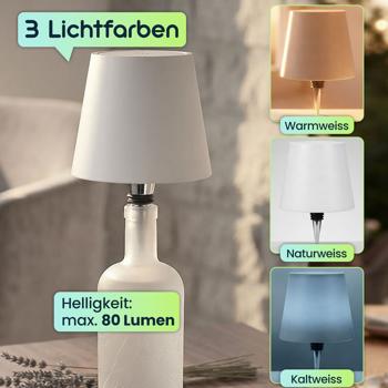 Preview: Akku Flaschenlampe mit Power-Akku: Dimmbar - 3600 mAh - 3 Lichtfarben, Weiss -Stimmungsvolle Beleuchtung - Dekoratives Flaschenlicht mit Metallschirm