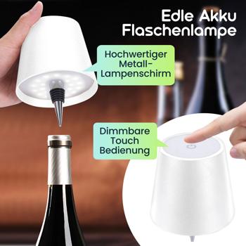 Preview: Akku Flaschenlampe mit Power-Akku: Dimmbar - 3600 mAh - 3 Lichtfarben, Weiss -Stimmungsvolle Beleuchtung - Dekoratives Flaschenlicht mit Metallschirm