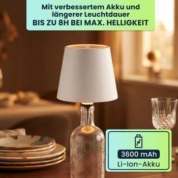 Preview: Akku Flaschenlampe mit Power-Akku: Dimmbar - 3600 mAh - 3 Lichtfarben, Weiss -Stimmungsvolle Beleuchtung - Dekoratives Flaschenlicht mit Metallschirm