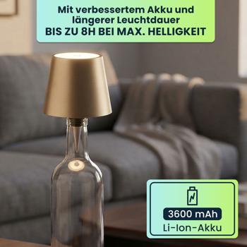 Preview: 4er-Set Flaschenlampe, 8h Power-Akku: Dimmbar - 3600 mAh - 3 Lichtfarben, Gold -Stimmungsvolle Beleuchtung - Flaschenlicht mit Metallschirm
