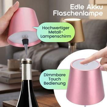 Preview: 2er-Set Flaschenlampe, 8h Power-Akku: Dimmbar - 3600 mAh - 3 Lichtfarben, Rosegold -Stimmungsvolle Beleuchtung - Flaschenlicht mit Metallschirm