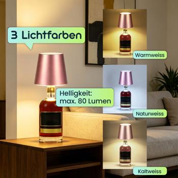 Preview: 4er-Set Flaschenlampe, 8h Power-Akku: Dimmbar - 3600 mAh - 3 Lichtfarben, Rosegold -Stimmungsvolle Beleuchtung - Flaschenlicht mit Metallschirm