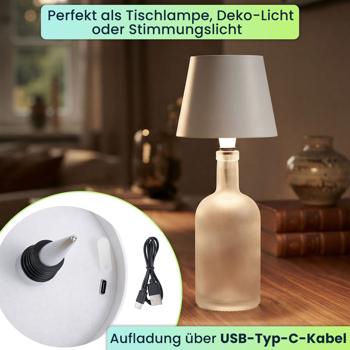Preview: 2er-Set Flaschenlampe, 8h Power-Akku: Dimmbar - 3600 mAh - 3 Lichtfarben, Weiss -Stimmungsvolle Beleuchtung - Dekoratives Flaschenlicht mit Metallschirm