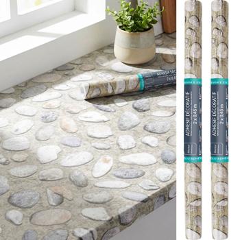 Set de 2 films adhésifs modernes motif galets, gris – film décoratif de haute qualité, auto-adhésif, 45 cm x 200 cm