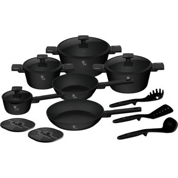 Preview: Set de cuisson 15 pièces noir mat – batterie induction avec poêles & casseroles à manche – sans substances nocives, sans PFOA avec couvercles en verre