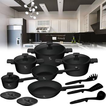 Set de cuisson 15 pièces noir mat – batterie induction avec poêles & casseroles à manche – sans substances nocives, sans PFOA avec couvercles en verre