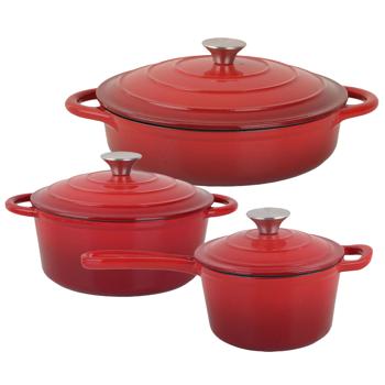 Preview: Set de casseroles en fonte premium 3 pièces rouge – set de faitouts émaillés avec couvercle (17 cm, 22 cm & 28 cm) – idéal pour l’induction, le four et tous types de tables de cuisson