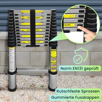Preview: Teleskopleiter, Ausziehbare Leiter bis 3.8 m, Multifunktionsleiter mit 150kg Belastbarkeit, Rutschfeste Aluminium Dachbodenleiter mit rutschfesten Füssen