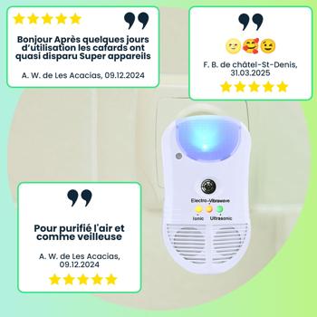 Preview: Répulsif Anti-Insectes Ultrasons 3-en-1 - Purificateur d‘Air Ionique, Veilleuse PIR & Mouvement - Silencieux, 230V, 2W, 3 LED - Protège 30m² sans Toxiques