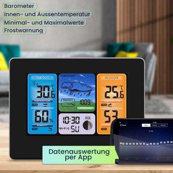 Preview: Moderne WLAN Wetterstation, Aussenfühler, Farbdisplay, Uhr, Wettertendenz, Luftfeuchtigkeit. App-Analyse für Wetterhistorie. Präzise Wetterdaten