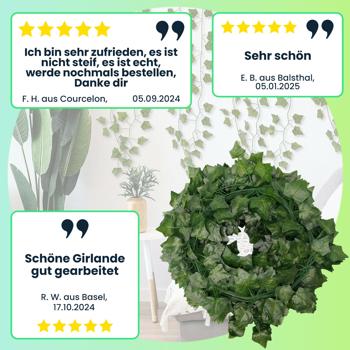 Preview: Efeu Deko Girlanden, 24er-Set, Kunstoff und Textilfasern, täuschend echt, jeweils 2,2 m Länge und 81 Blätter zur stilvollen Wanddekoration