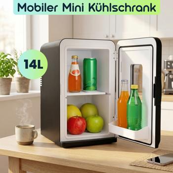Preview: Mobiler Mini Kühlschrank 14L mit Kühl- und Wärmfunktion - Kleiner Auto Kühlschrank 12V 230V, Mini Fridge mit Sichtfenster & Tragegriff, Schwarz