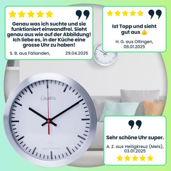 Preview: Funk-Wanduhr Ø 25cm aus Aluminium & Glas – Geräuscharme, automatische Wanduhr mit DCF-Empfang für Wohnzimmer & Büro